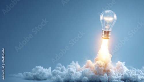 A bright, glowing light bulb rockets majestically upwards, leaving a dramatic plume of white smoke and radiant orange fire against a clear blue background.