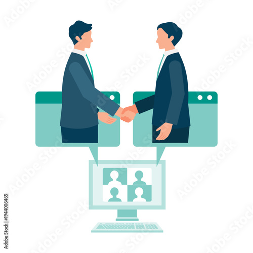 Virtual handshake through a desktop monitor between two businessmen in suits celebrating a successful online negotiation and partnership agreement in a flat style