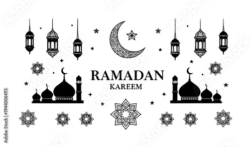 Ramadan Kareem Islamic decoration vector with crescent moon lantern and mosque elements