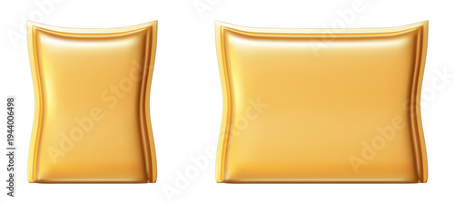 3d golden zipper bag. Realistic pillow package for tea, coffee, candy cosmetic. Gradient mesh. Stock vector illustration on white isolated background.