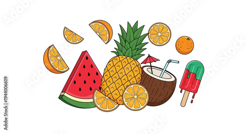 Set of 7 colorful summer fruit icons vector