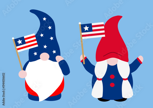Patriotic USA gnome vector illustration set.
American Independence Day gnome cartoon.
Fourth of July gnome characters clipart. svg.