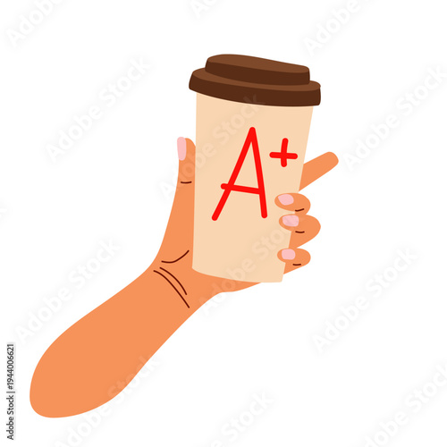 Hand holding cardboard coffee cup with A plus blood type label instead of name. My blood type is coffee concept. Flat vector illustration for coffee lovers humor, caffeine addiction, blood runs coffee