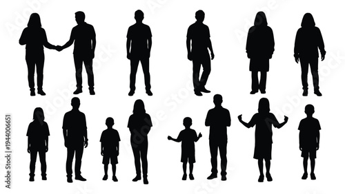 Diverse group of people silhouettes in various poses and ages on white background for design and illustration