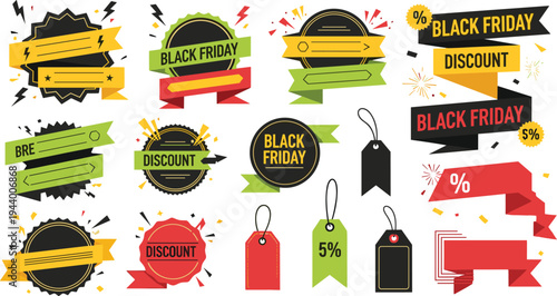 Black Friday sale badges discount ribbons price tags and promotional labels collection for retail marketing ecommerce shopping campaign vector illustration set