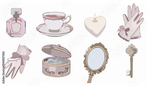 Elegant watercolor vintage romantic objects set with perfume teacup candle mirror and key