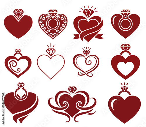 Red heart icons feature diamond rings and luxury.