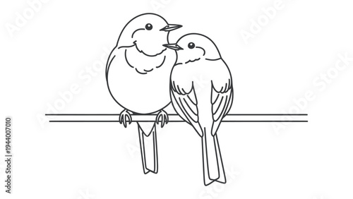 Two Birds on a Wire: A charming line drawing depicts two small birds perched closely together on a horizontal wire, symbolizing companionship and simplicity.
