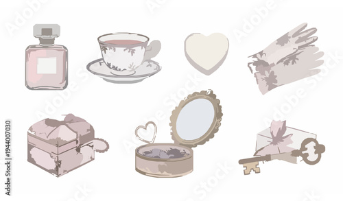 Vintage shabby chic watercolor romantic object vector pack with perfume teacup and mirror