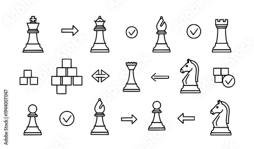 Chess outline icon collection with king queen knight rook bishop pawn symbols