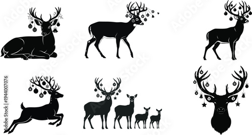 Christmas deer silhouettes with decorated antlers reindeer family holiday ornaments festive winter wildlife vector illustration collection set