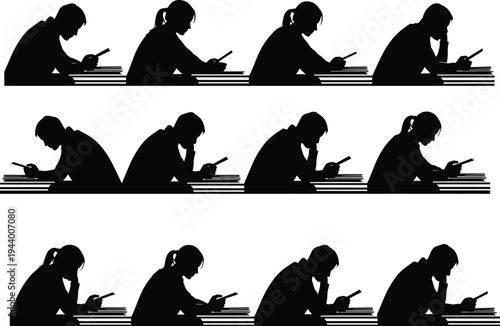 Students studying with smartphone silhouette set focused learners reading books and using mobile devices education concept black and white vector illustration