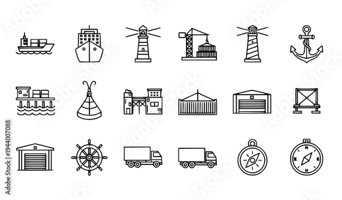 Marine port outline icon set with cargo ship crane lighthouse anchor and harbor symbols