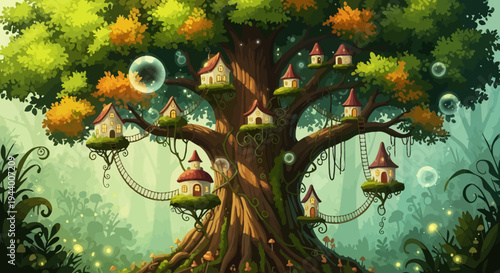 Enchanting Whimsical Tree Village Nestled Deep in a Magical Forest with Floating Bubbles