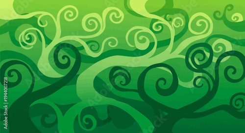 Graceful organic swirls in varying shades of green, an abstract depiction of natural vitality and flowing energy