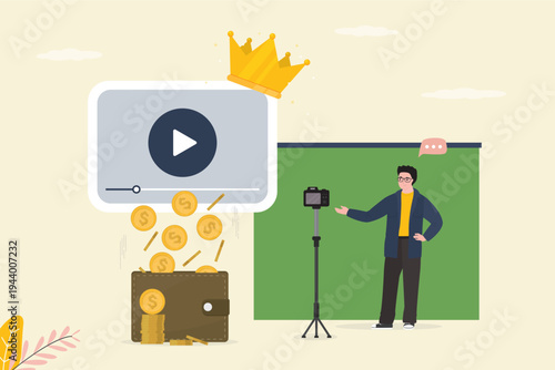 Popular media channel or podcast. Influencer standing on green screen. Video play button with golden crown. Live streaming digital media player, making money, monetization.