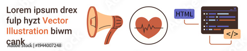 Marketing, healthcare, coding, web tech, promotion, communication concepts. Megaphone, heart with heartbeat line and HTML code icons . Marketing and healthcare communication concept