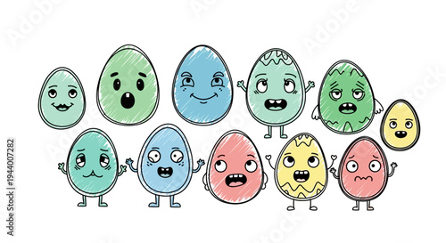 Vibrant Cartoon Easter Eggs with Varied Emotions A Whimsical Doodle Collection for Festive Designs