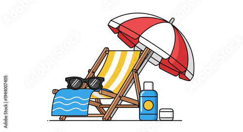 Vector illustration of beach chair with umbrella, towel, and accessories