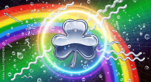 Glistening metallic clover surrounded by a luminous rainbow arc and dynamic energy, symbolizing fortune and vibrant possibilities