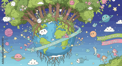 Vibrant illustration celebrating our precious planet, promoting daily environmental care and global harmony
