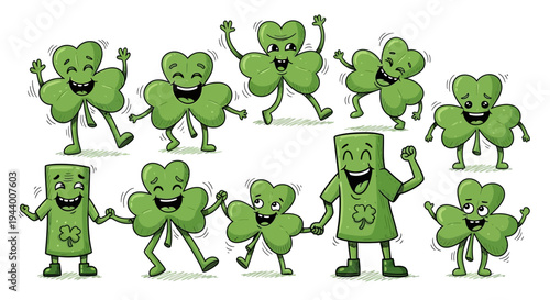 Charming cartoon shamrocks celebrating merriment and good fortune with joyful dance moves and smiles