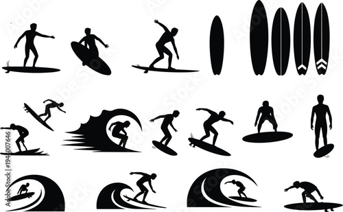 Surfing silhouettes set with surfers riding ocean waves and surfboards, extreme water sport action collection isolated vector for summer beach adventure design