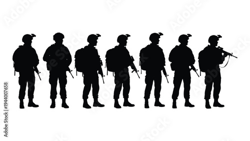 A group of seven armed military personnel standing in formation with various weapons and equipment