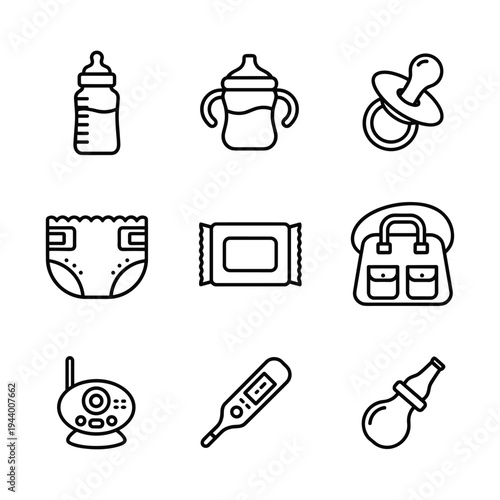Baby Essentials and Feeding Icon Set — Milk Bottle, Sippy Cup, Pacifier, Diaper, Baby Wipes, Diaper Bag, Baby Monitor, Baby Thermometer, Nasal Aspirator Line Art