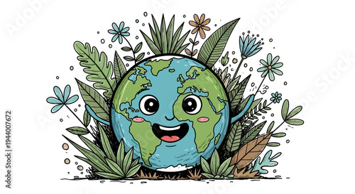 Happy Earth illustration surrounded by diverse plants and flowers, celebrating nature's beauty and environmental care