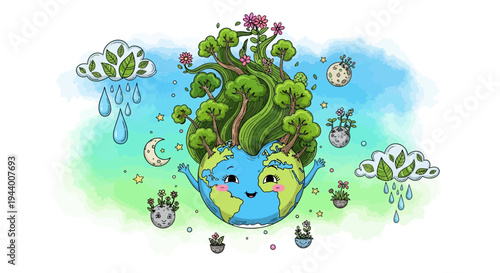 Cute anthropomorphic earth with trees and flowers, illustrating environmental care and nature's bounty