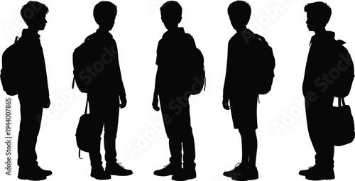 Teenage student silhouettes with backpacks set, school boys standing in different poses, education lifestyle youth people isolated black vector illustration