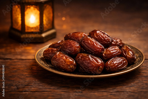 Close up of dates fruit served on a ceramic plate with Ramadan lantern decoration. Represents traditional food used for breaking the fast.