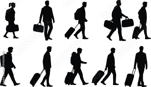 Traveler people silhouettes walking with luggage and backpacks vector set, business and vacation passengers carrying suitcases isolated travel lifestyle collection
