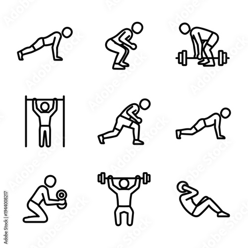 Gym Workout and Exercise Icon Set — Push Up, Squat, Deadlift, Pull Up Bar, Lunge, Plank, Shoulder Press, Overhead Lift, Sit Up Line Art
