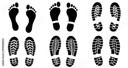 Human footprints and shoe sole prints silhouette collection vector EPS 10