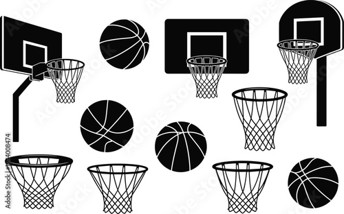 Basketball hoop and ball silhouette icon set with backboard net sports equipment collection isolated vector elements for game, training, and competition design