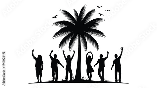 A serene tropical scene featuring a group of joyful people celebrating under a majestic palm tree with lush greenery and a flock of birds in flight