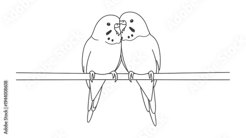 Tender Embrace of Lovebirds: Two adorable lovebirds, perched delicately on a branch, share a moment of intimate connection, symbolizing affection and togetherness.