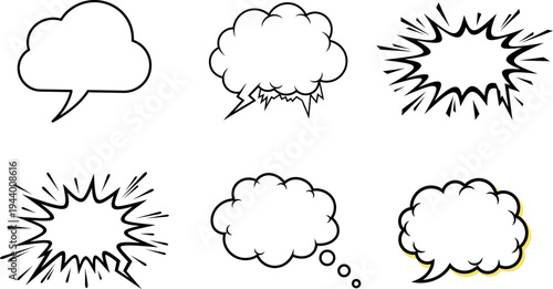 Set of 6 diverse black and white comic speech bubbles and thought clouds vector illustrations for dialogue, communication, and expression in graphic design projects
