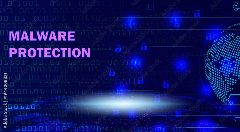 Obraz premium Malware Protection concept with glowing digital globe, binary code, and padlock icons on a dark blue background, symbolizing cybersecurity and data security