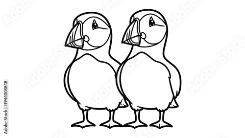 Two Puffins in a Line: A simple black and white illustration of two puffins standing side-by-side, showcasing their distinctive beaks and charming appearance.