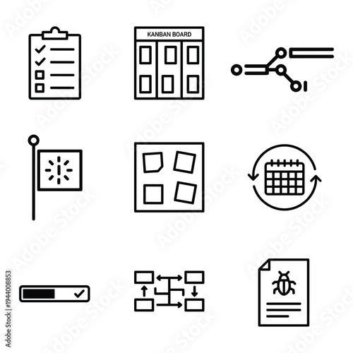 Agile Project Management Icon Set — Task Checklist, Kanban Board, Git Branch, Sprint Flag, Grid View, Sprint Calendar, Progress Bar, Workflow Chart, Bug Report Line Art
