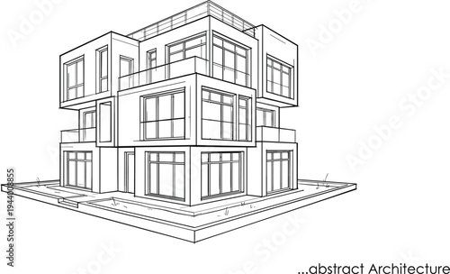 Professional architectural sketch of a modern modular residence featuring stacked geometric volumes, expansive glass facades, and multiple outdoor terraces.