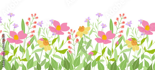 Spring Summer horizontal border with a cute pattern of hand drawn blooming flowers. Field of wildflowers and herbs. Floral botanical vector illustration