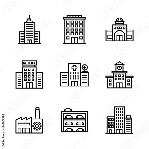 Urban Building Icon Set — Office Tower, Hotel, Government Building, Hospital, Medical Center, City Hall, Factory, Parking Structure, City Block Line Art