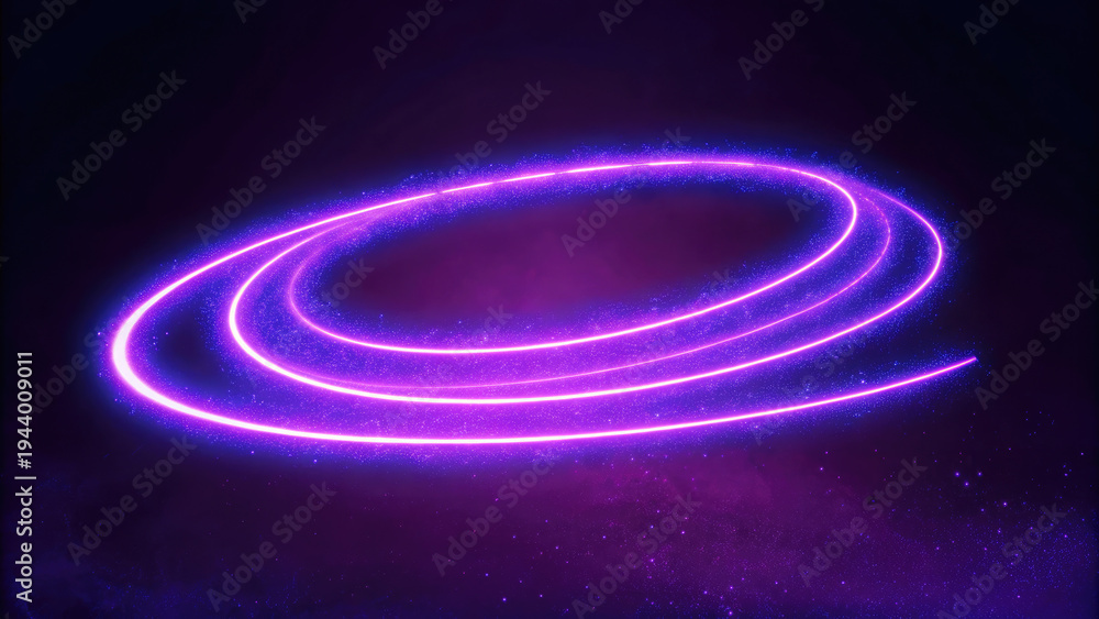 Fototapeta premium Empty rotating frame with neon circle animation concept. Vibrant purple light swirls against a dark cosmic background.