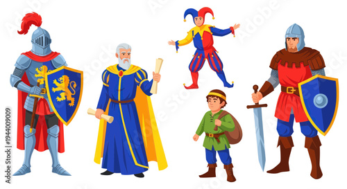 Medieval Characters: Knight, Jester, Scholar, Squire, Warrior