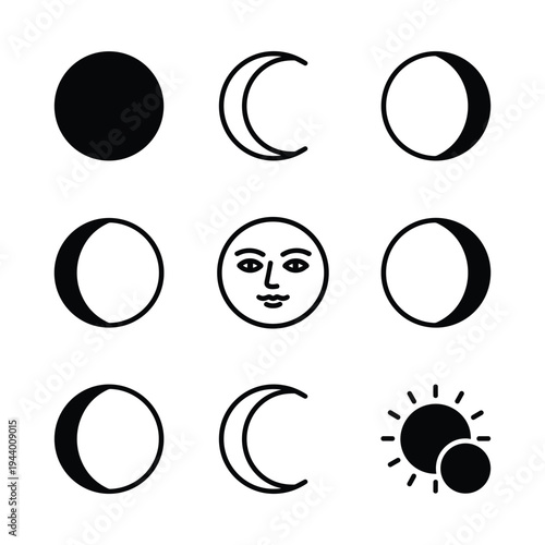 Moon Phase Icon Set — Full Moon, Crescent, Half Moon, Face Moon, Waxing, Waning, Eclipse, Sun Overlap Line Art
