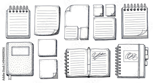 Hand-drawn stationery collection: notebooks, paper sheets, sticky notes, pen